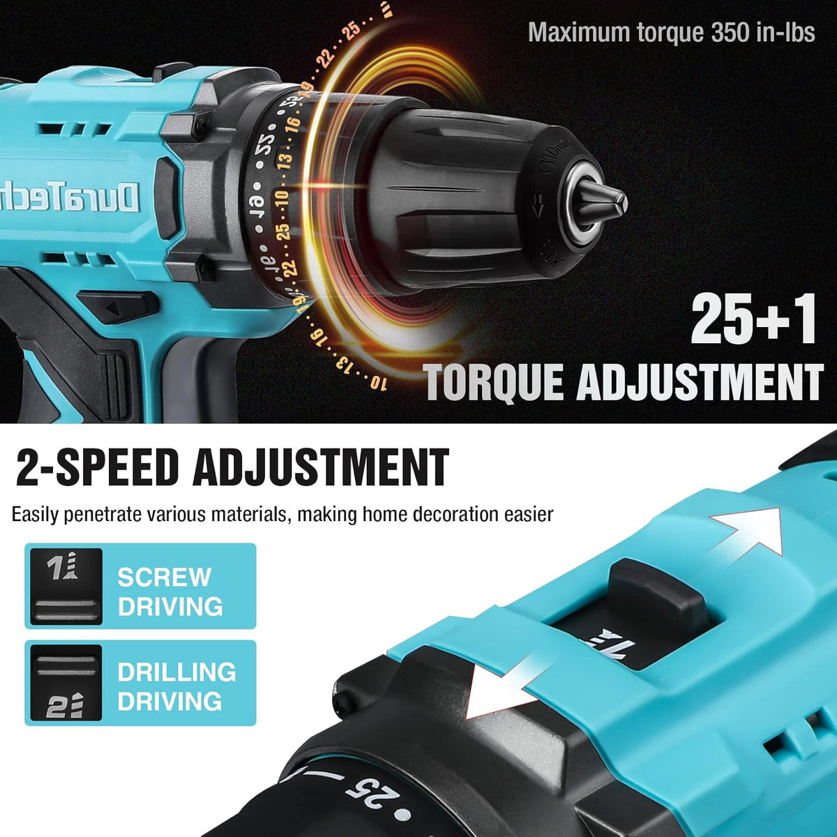 20V Cordless Drill Driver Set with 1/2” Keyless Chuck, 16pcs Drill Bits, Pack of 2 S252