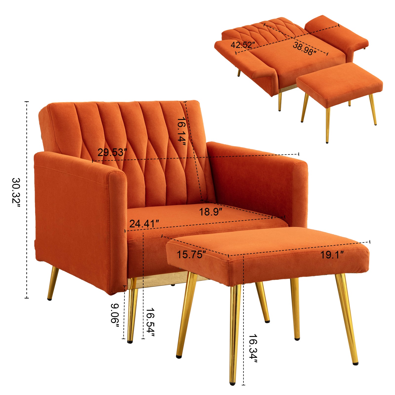 Orange Velvet Accent Chair with Ottoman G578749