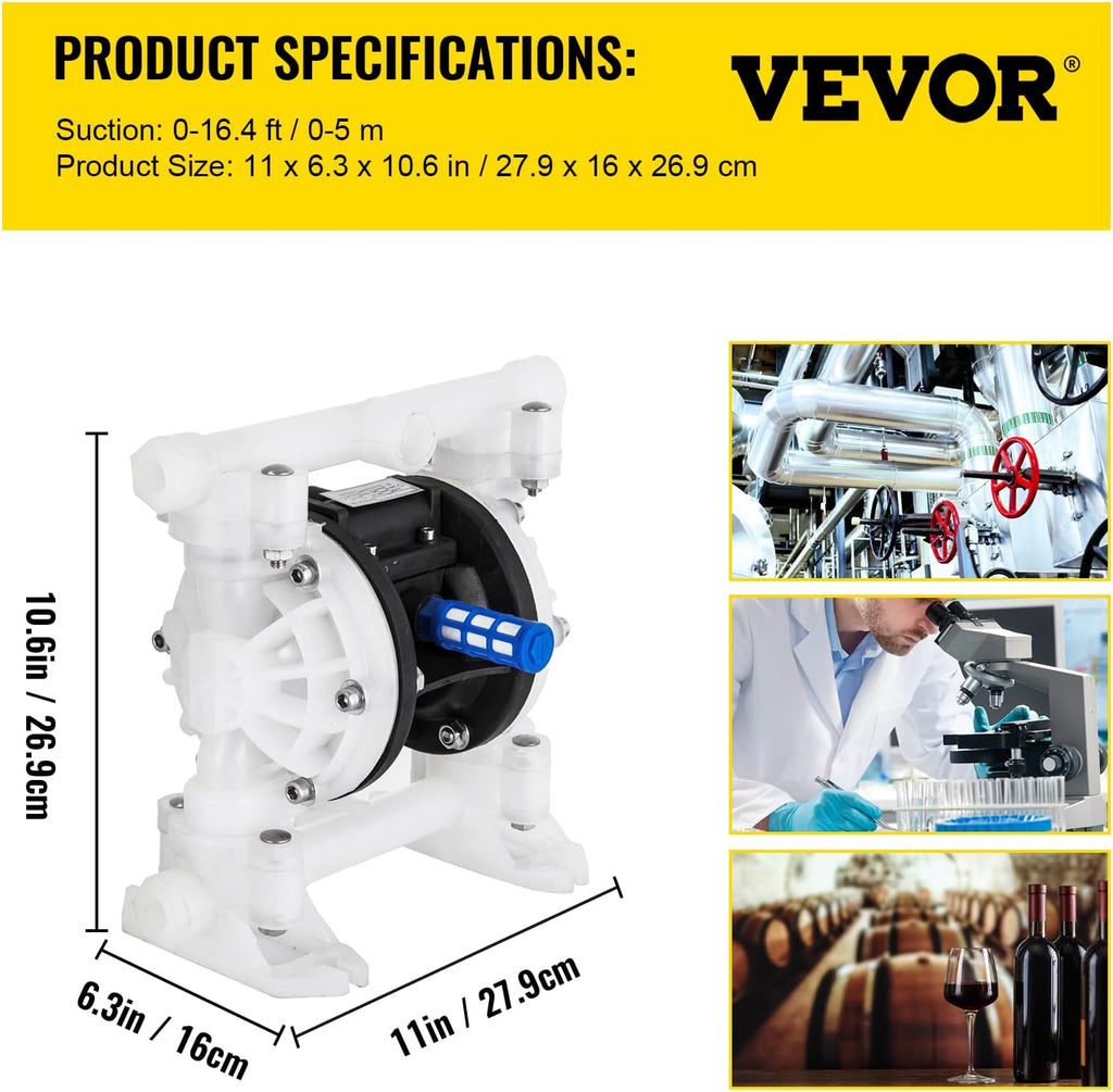 1/2 inch Air-Operated Double Diaphragm Pump 7GPM Max Flow Pneumatic Nitrile 100PSI U8516