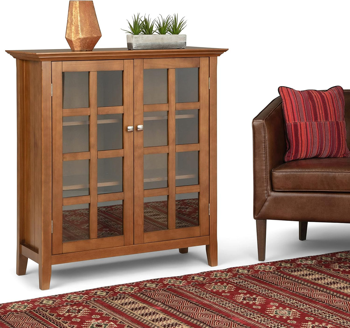 Distressed Grey Solid Wood Storage Cabinet with 2 Tempered Glass Doors Z5746