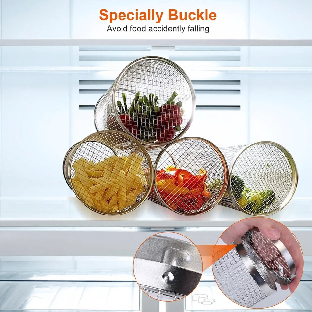 2Pcs Portable BBQ Rolling Basket Round Stainless Steel Grill Mesh with Removable Cover Z897542