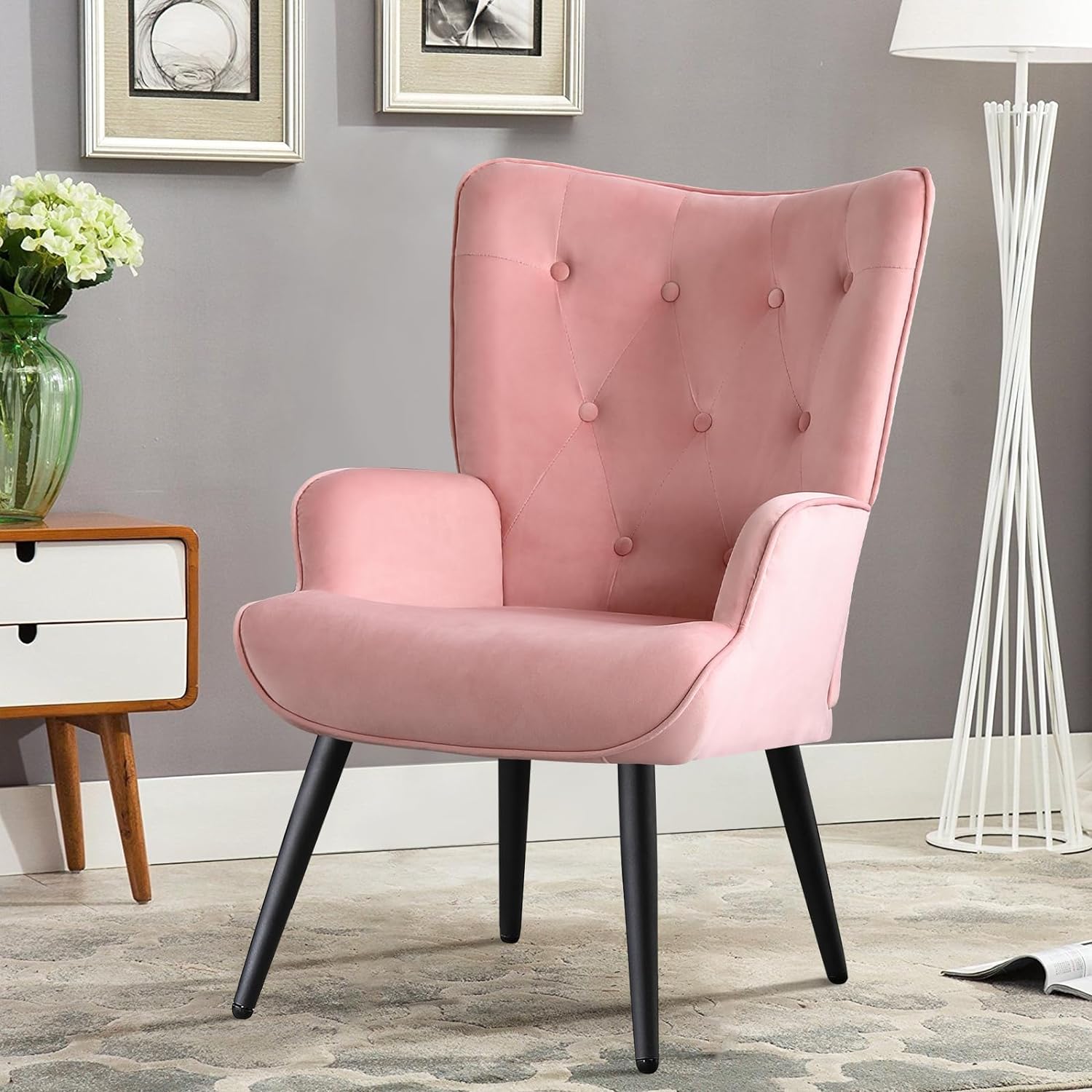 Pink Velvet Tufted Wingback Accent Chair with Solid Metal Legs V161594