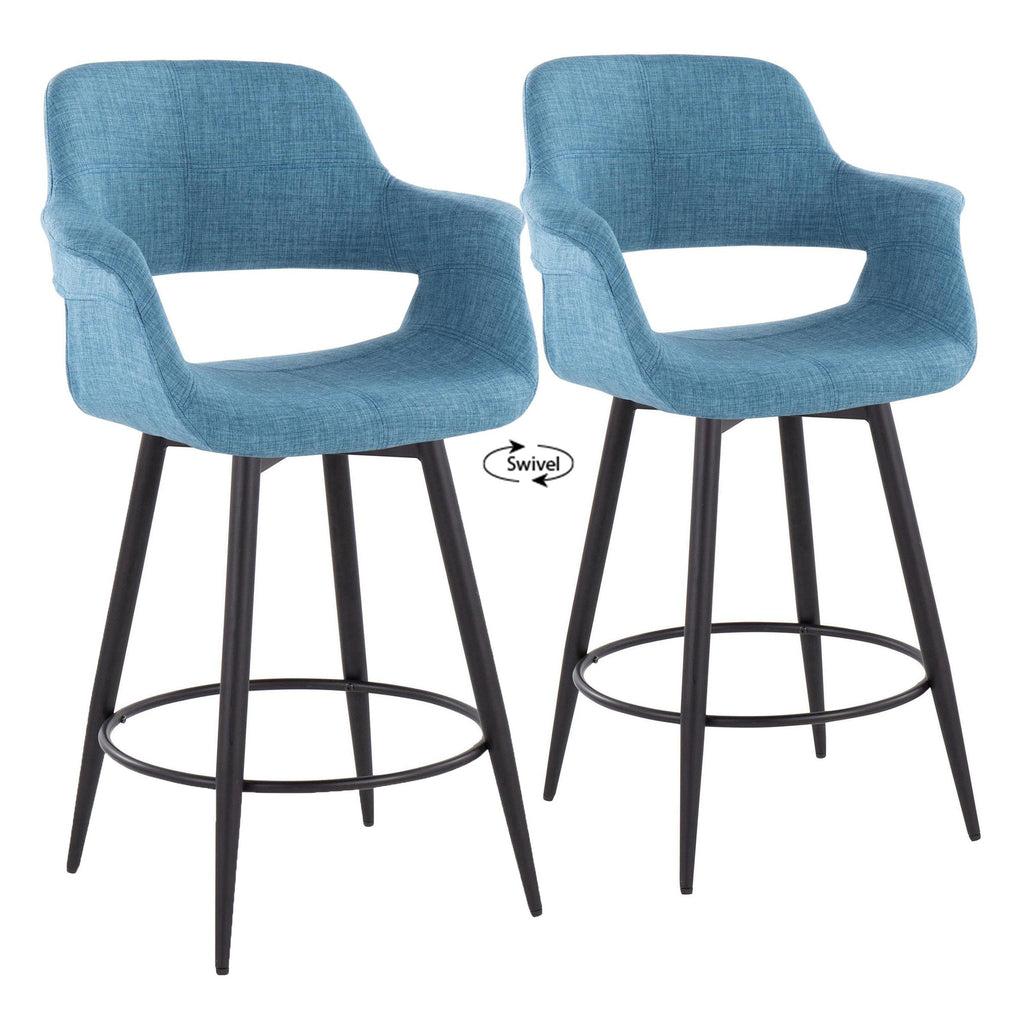 26" Mid-Century Modern Counter Stool with Swivel in Matte Black Metal and Blue Fabric with Round Metal Footrest - Set of 2 Z3292