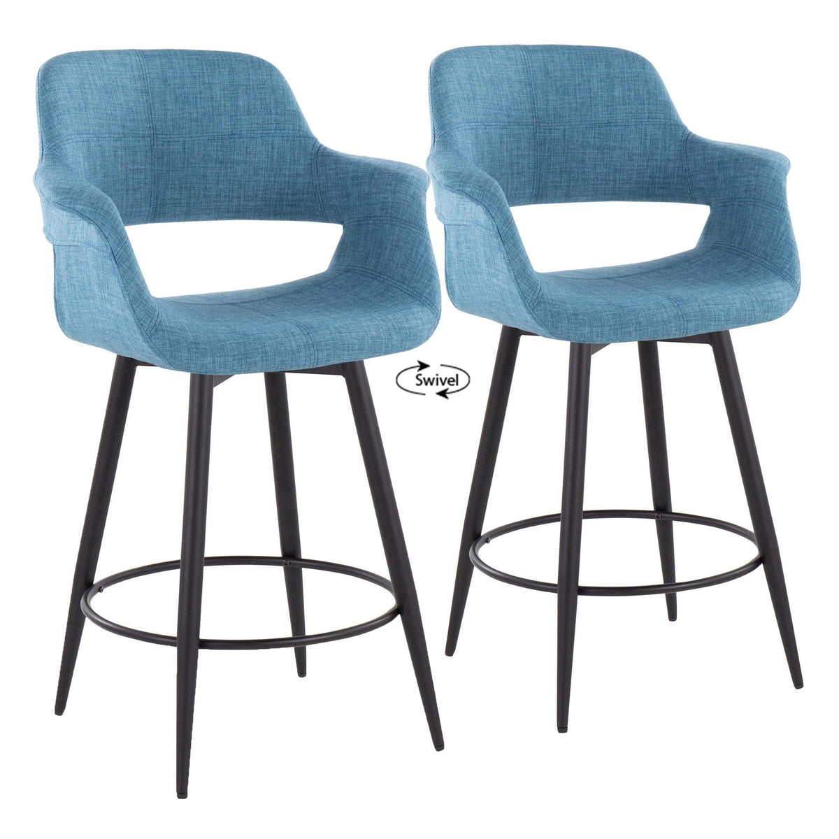 26" Mid-Century Modern Counter Stool with Swivel in Matte Black Metal and Blue Fabric with Round Metal Footrest - Set of 2 Z3292