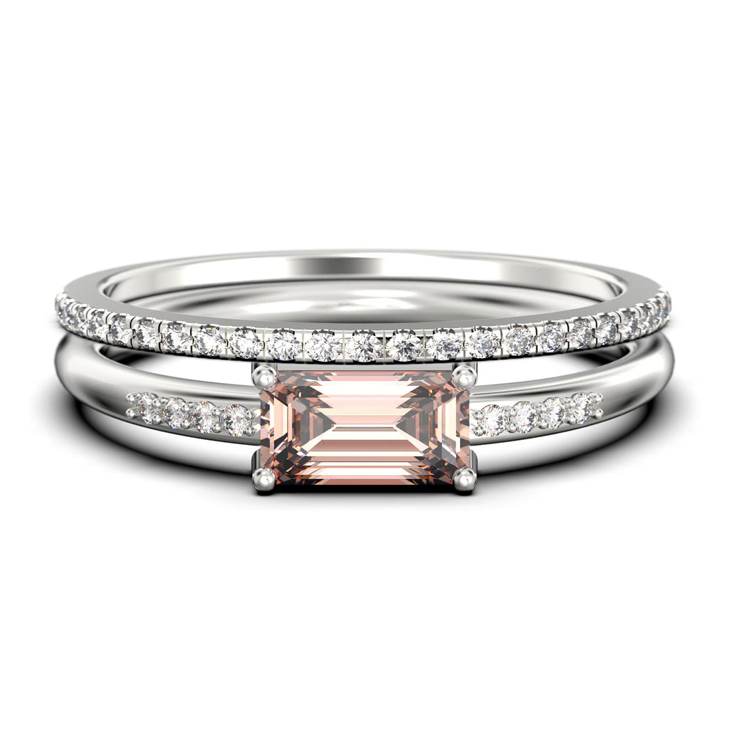 1.45 Carat Emerald Cut Morganite And Diamond Moissanite Engagement Ring in Silver With 18k White Gold Plating T84902