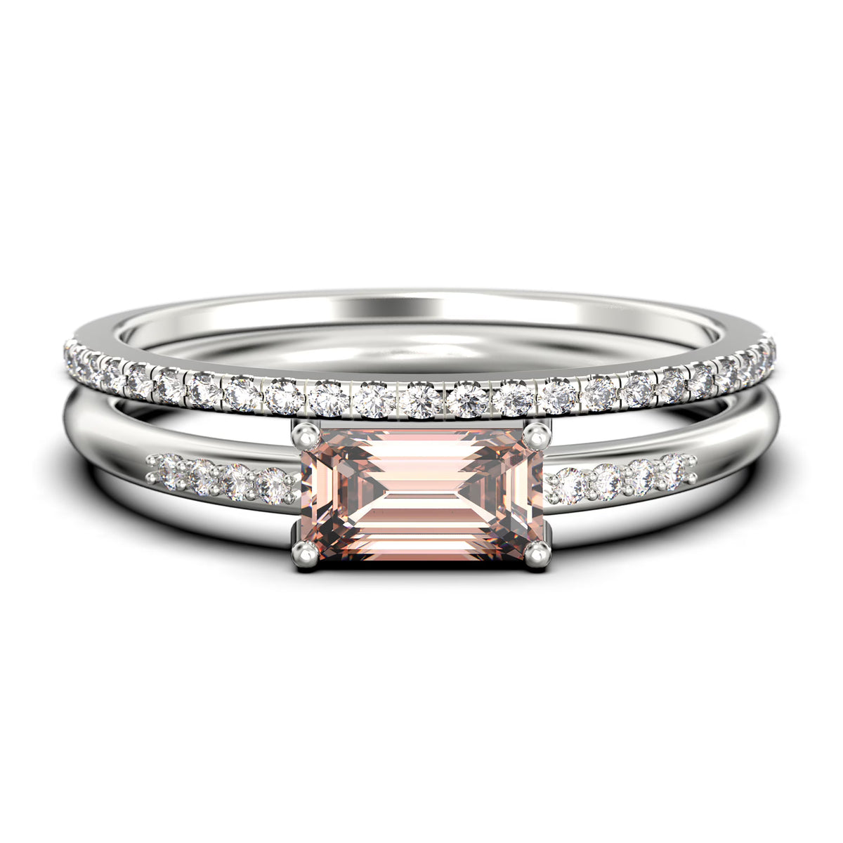 1.45 Carat Emerald Cut Morganite And Diamond Moissanite Engagement Ring in Silver With 18k White Gold Plating T84902