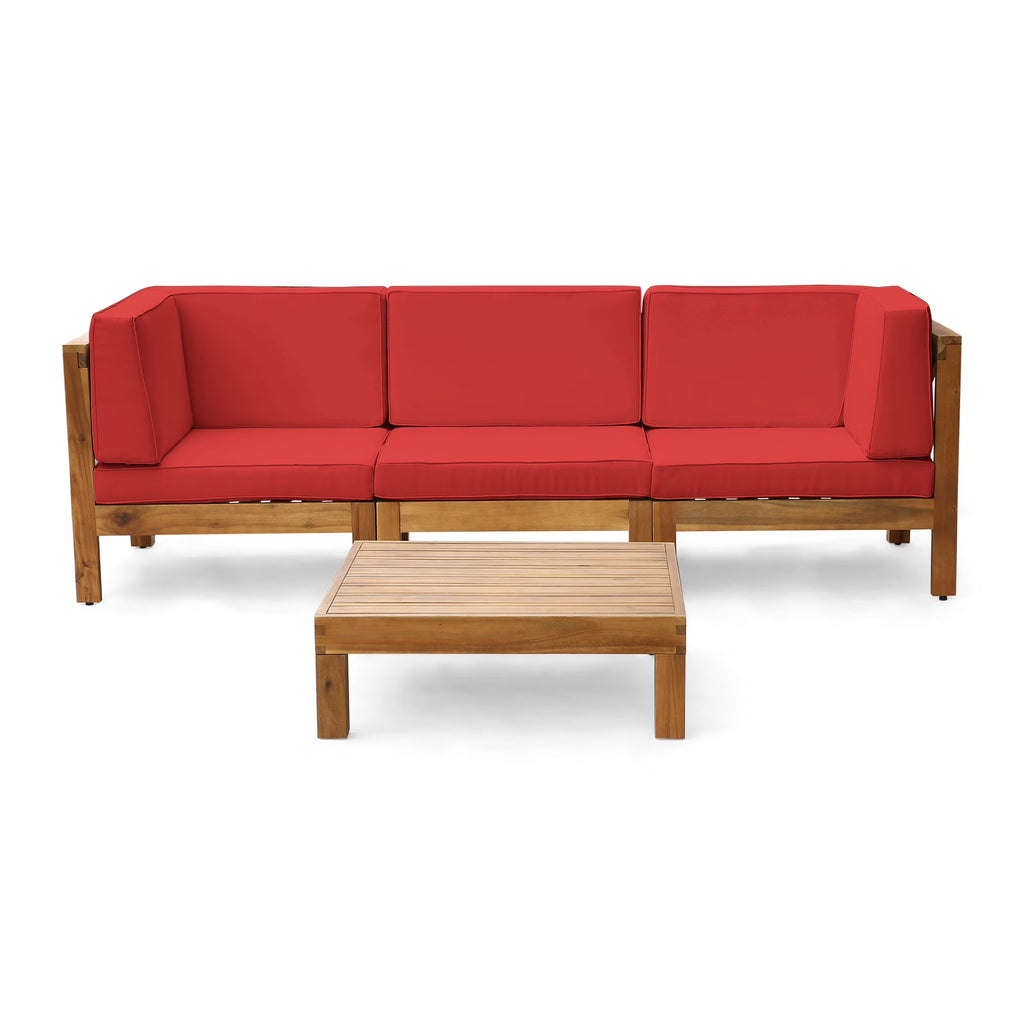 Red and Teak Acacia Wood Sofa and Coffee Table Set Y425
