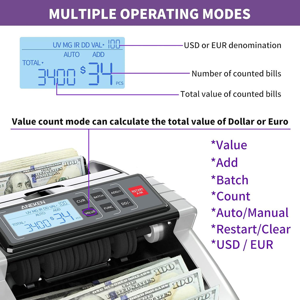 Money Counter Machine with UV/MG/IR/DD Counterfeit Detection, LCD Display, 1000 Bills/Min P18100