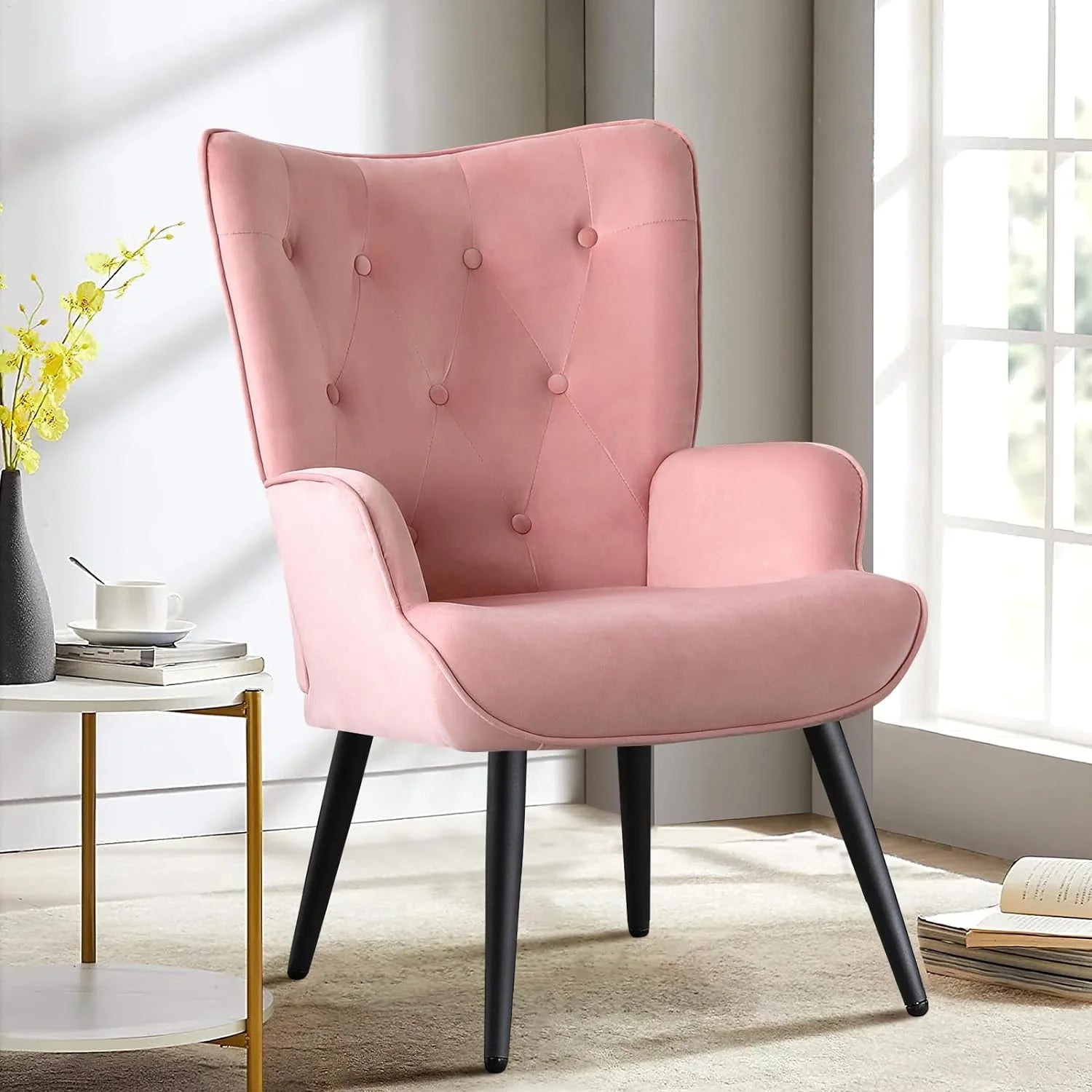 Pink Velvet Tufted Wingback Accent Chair with Solid Metal Legs V161594