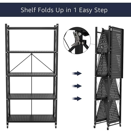 4-Tier Foldable Metal Storage Shelf with Wheels - Black X47819