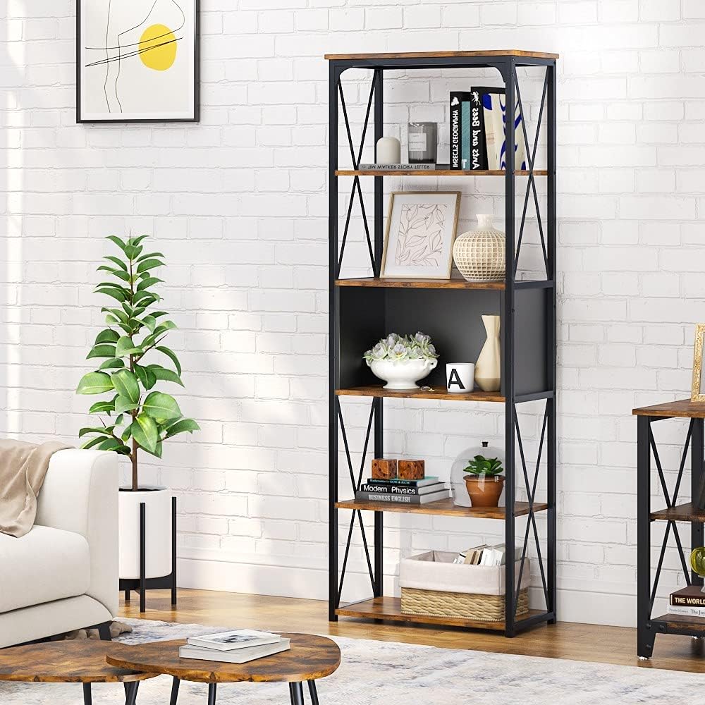 Industrial 5 Tier Open Shelf Bookcase, Wash White and Black V25251