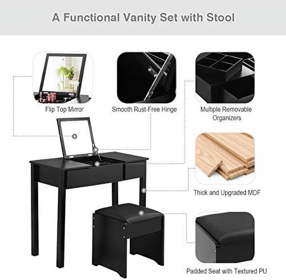 Black Vanity Set with Flip Top Mirror and Cushioned Stool H8893