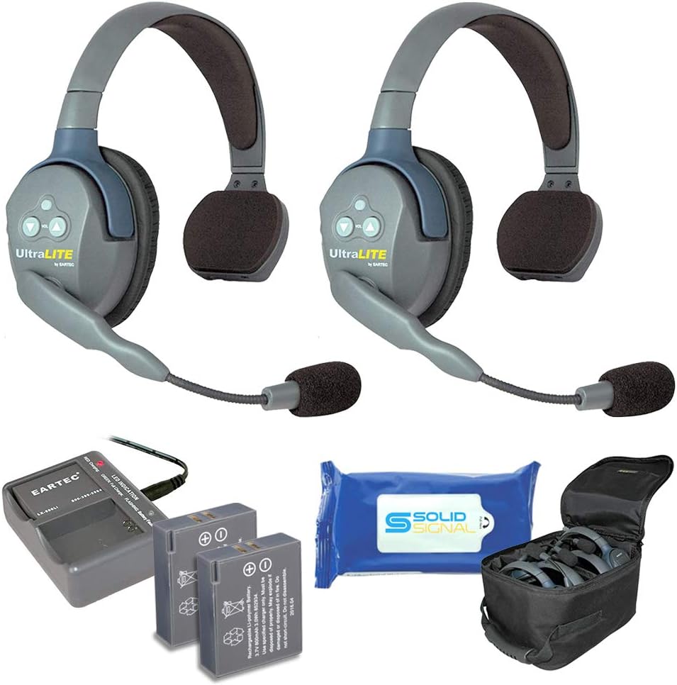 Full Duplex Wireless Headset Communication for 4 Users, 1 Single Ear and 3 Dual Ear Headsets with Cleaning Wipes Bundle B51296