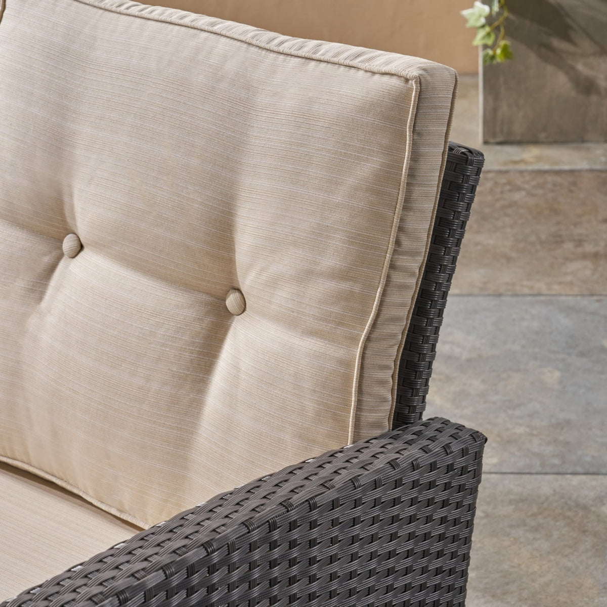 Beige and Dark Brown Outdoor Wicker 3 Seater Sofa with Tufted Cushions N36916