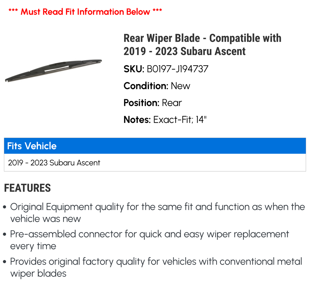 Rear Wiper Blade for Subaru Ascent J180