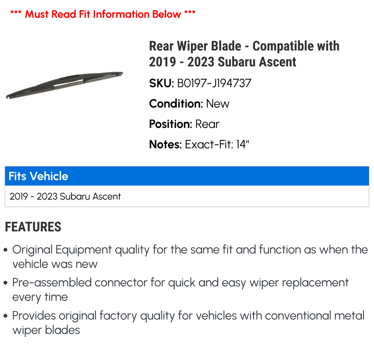 Rear Wiper Blade for Subaru Ascent J180