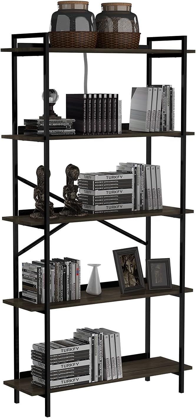 5-Tier Dark Brown Wooden Bookcase with Metal Frames H812200