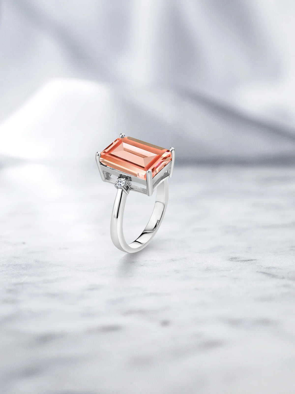 925 Sterling Silver Peach Nano Morganite and White Topaz Ring T858702