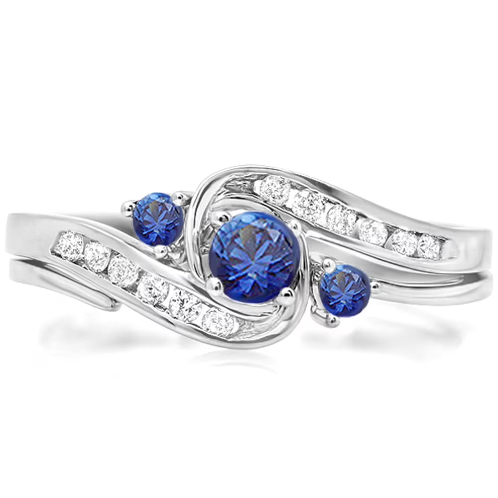 10K White Gold Blue Sapphire & White Diamond Engagement Ring Set D1705