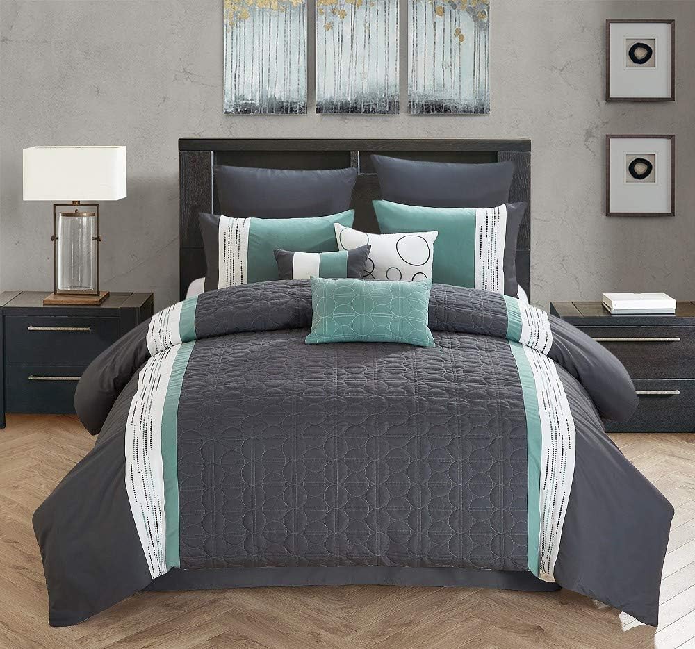 7 Piece Embroidered Over-Sized Comforter Set Queen Purple Grey B88869
