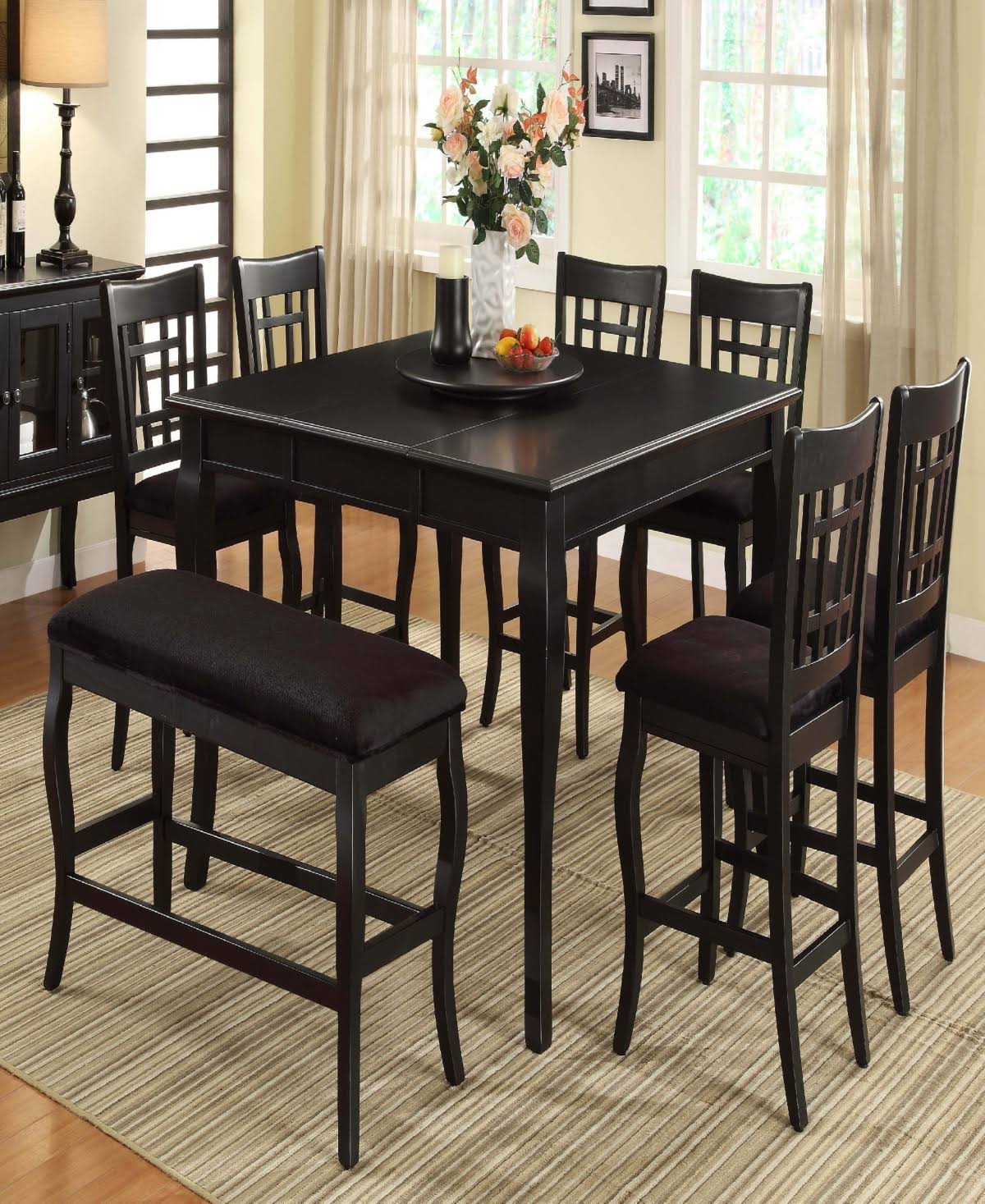 Black Wooden Counter Height Table with Lazy Susan N316
