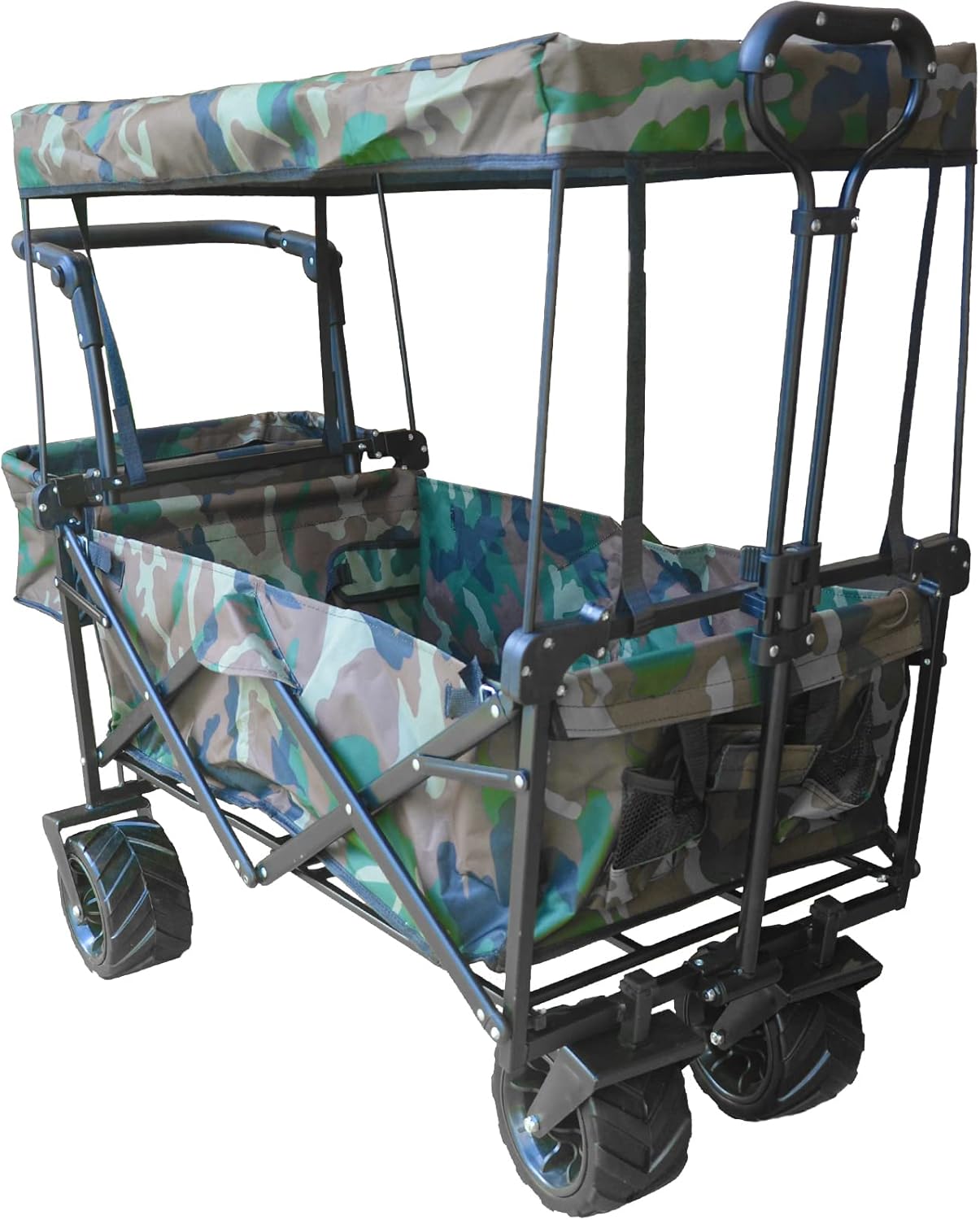 Collapsible Wagon Camping Garden Cart with Removable Canopy, Adjustable Push Handles and Brake (Black) A7536