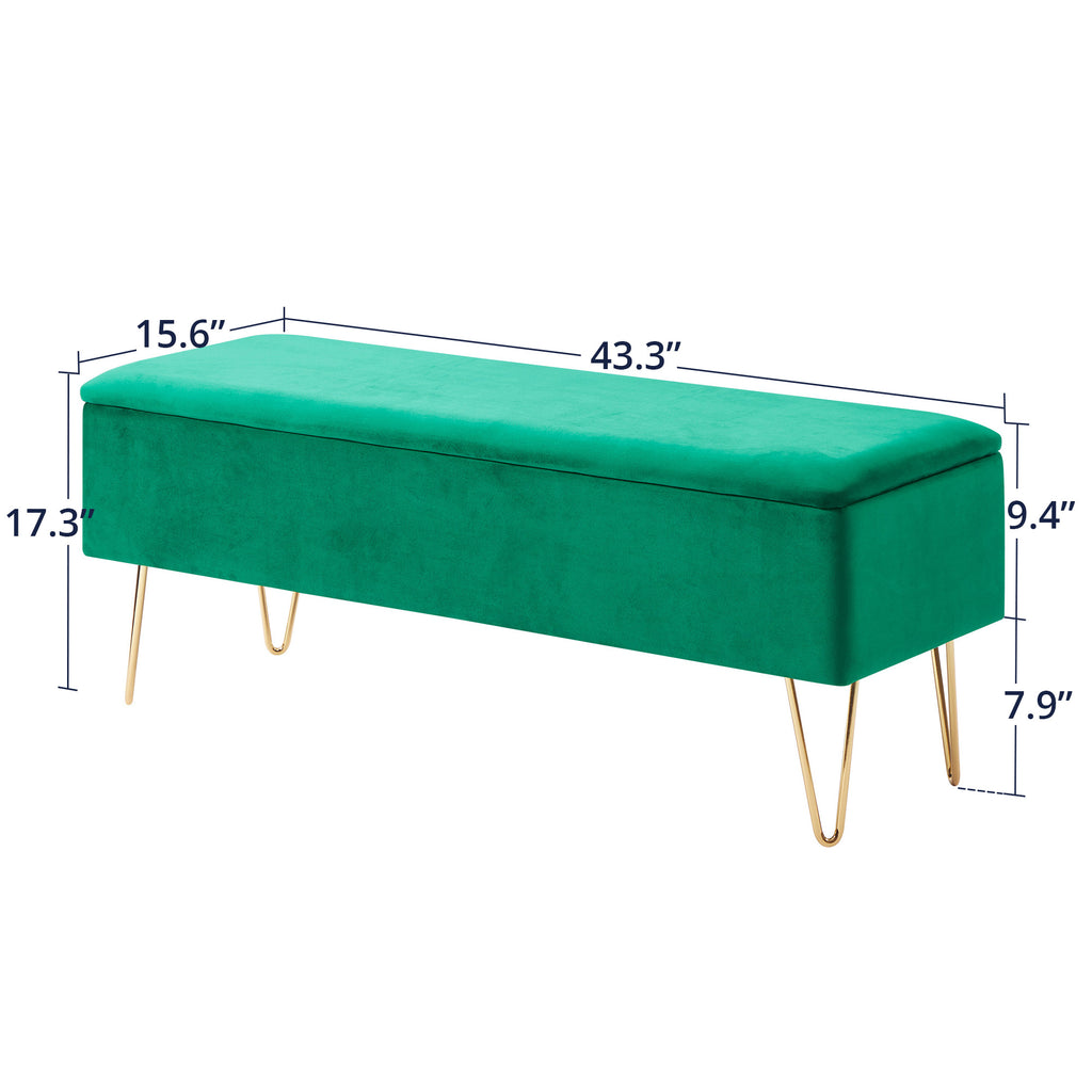 Emerald Green Velvet Storage Bench with Gold Finished Pin Legs R73116