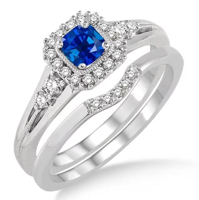 10k White Gold Princess Cut Sapphire And Moissanite Bridal Set Ring K101