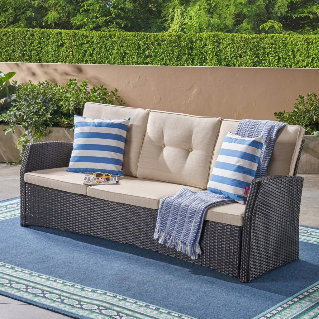 Beige and Dark Brown Outdoor Wicker 3 Seater Sofa with Tufted Cushions N36916