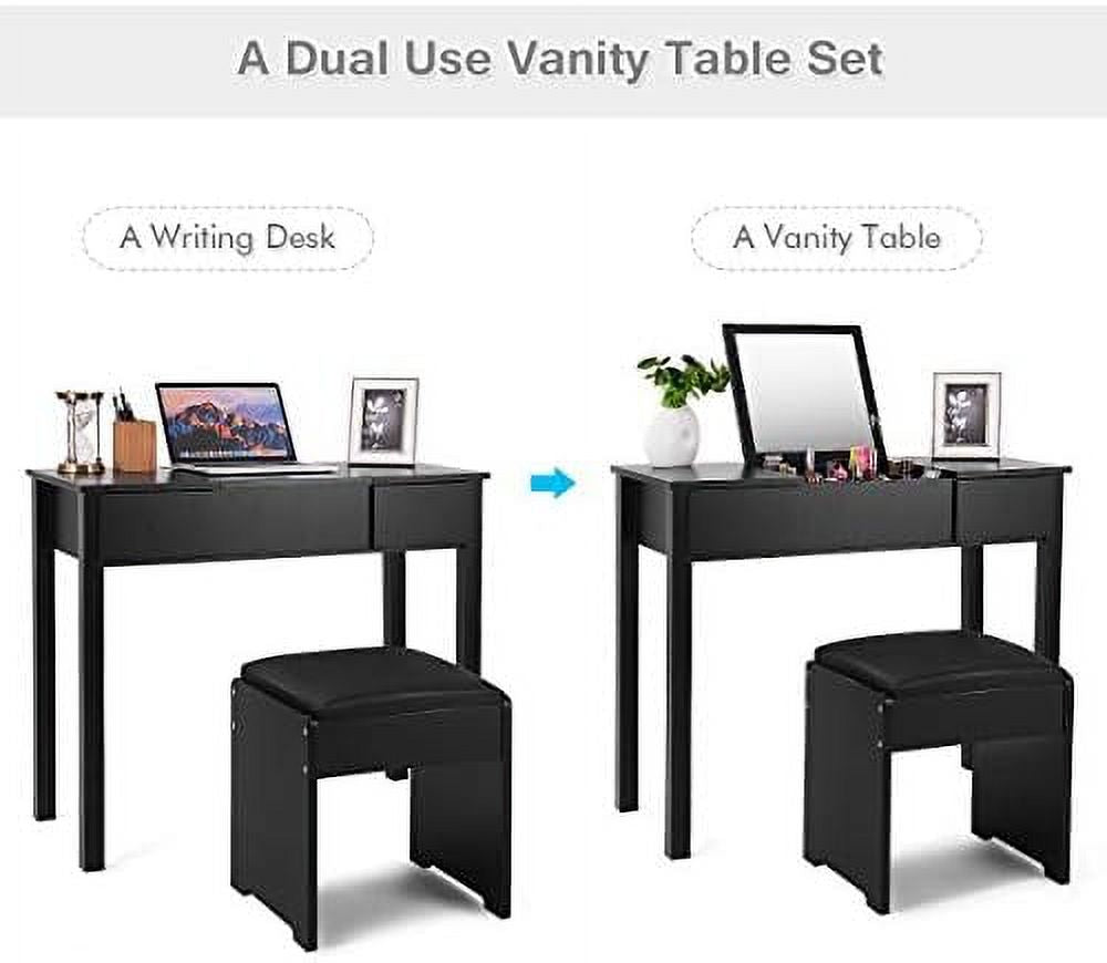 Black Vanity Set with Flip Top Mirror and Cushioned Stool H8893