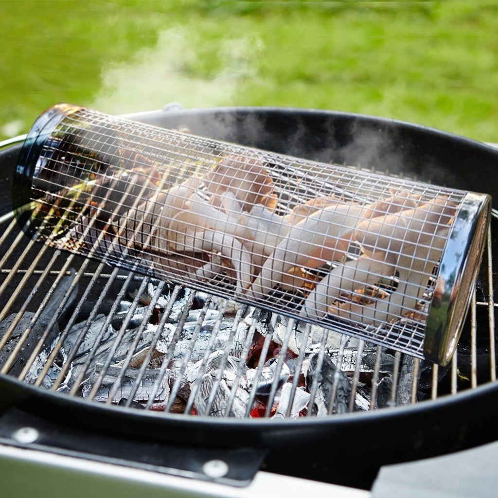 2Pcs Portable BBQ Rolling Basket Round Stainless Steel Grill Mesh with Removable Cover Z897542