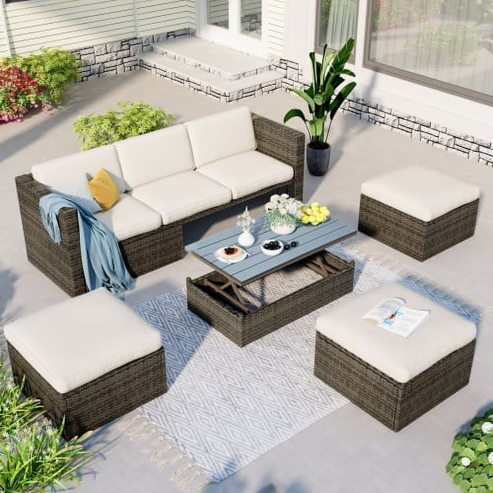 5-Piece Patio Wicker Sofa with Ottomans and Lift Top Coffee Table O7230