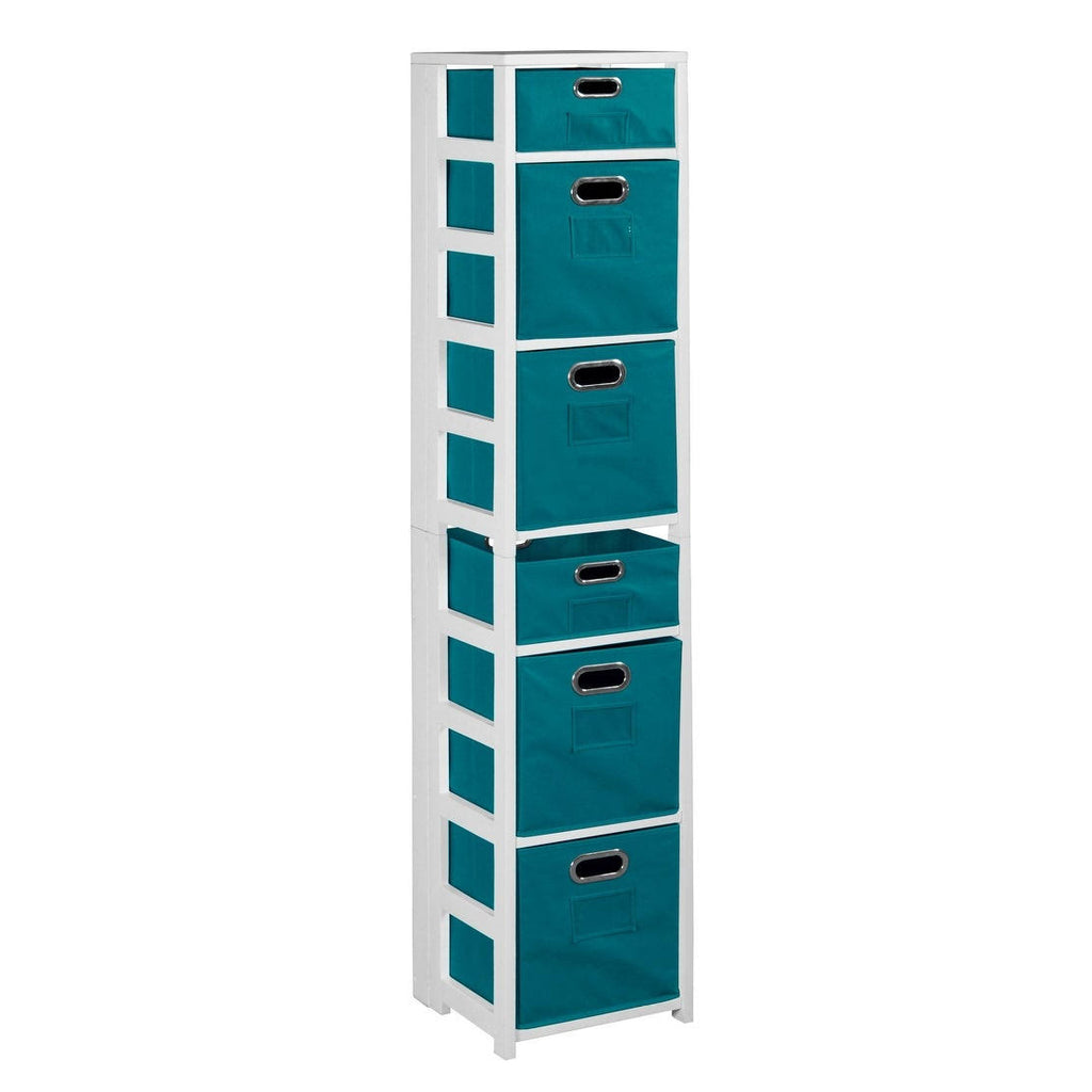 White Teal Square Folding Bookcase with Fabric Bins F305