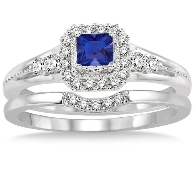 10k White Gold Princess Cut Sapphire And Moissanite Bridal Set Ring K101