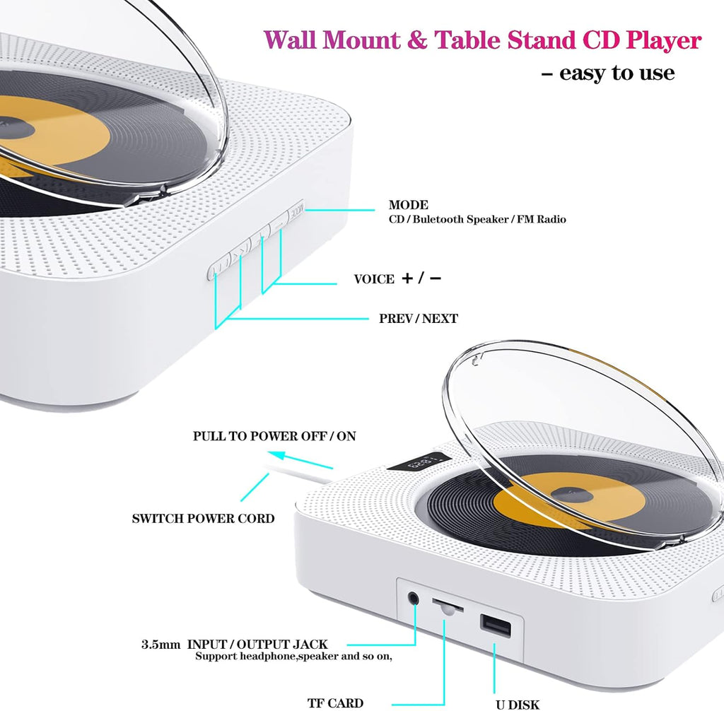 Portable CD Player with Bluetooth, FM Radio, Built-in Speakers, USB Port, AUX Input, LCD Display, Pack of 2 W94435