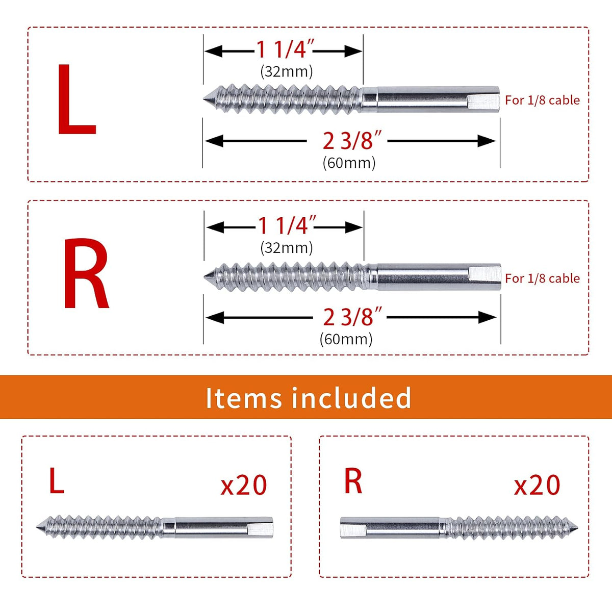 40Pack 1/8 T316 Stainless Steel Swage Lag Screws Cable Railing Hardware Kit G1546