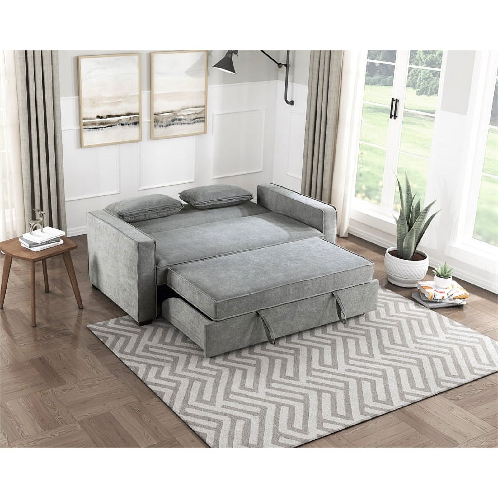 Gray Fabric Upholstered Convertible Sofa with Pull Out Bed E827
