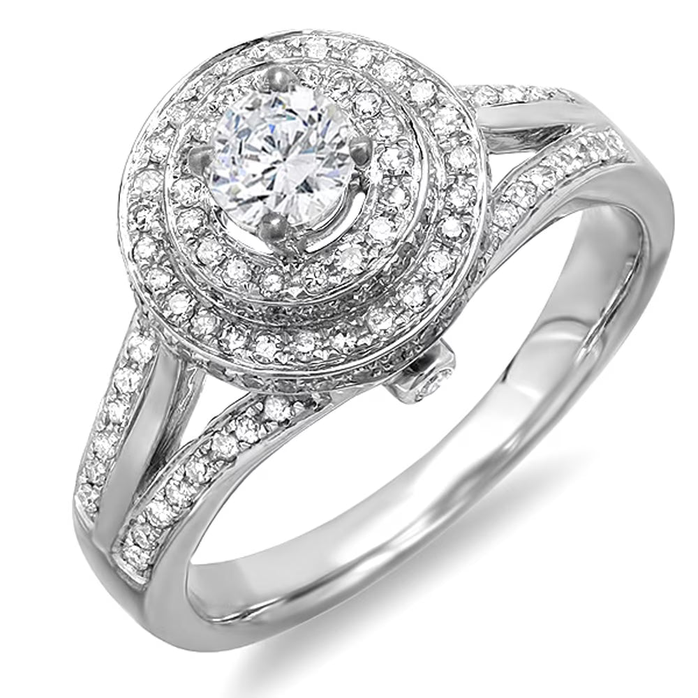 1.25 Carat Diamond Halo Engagement Ring, White Gold, Size 6 E204