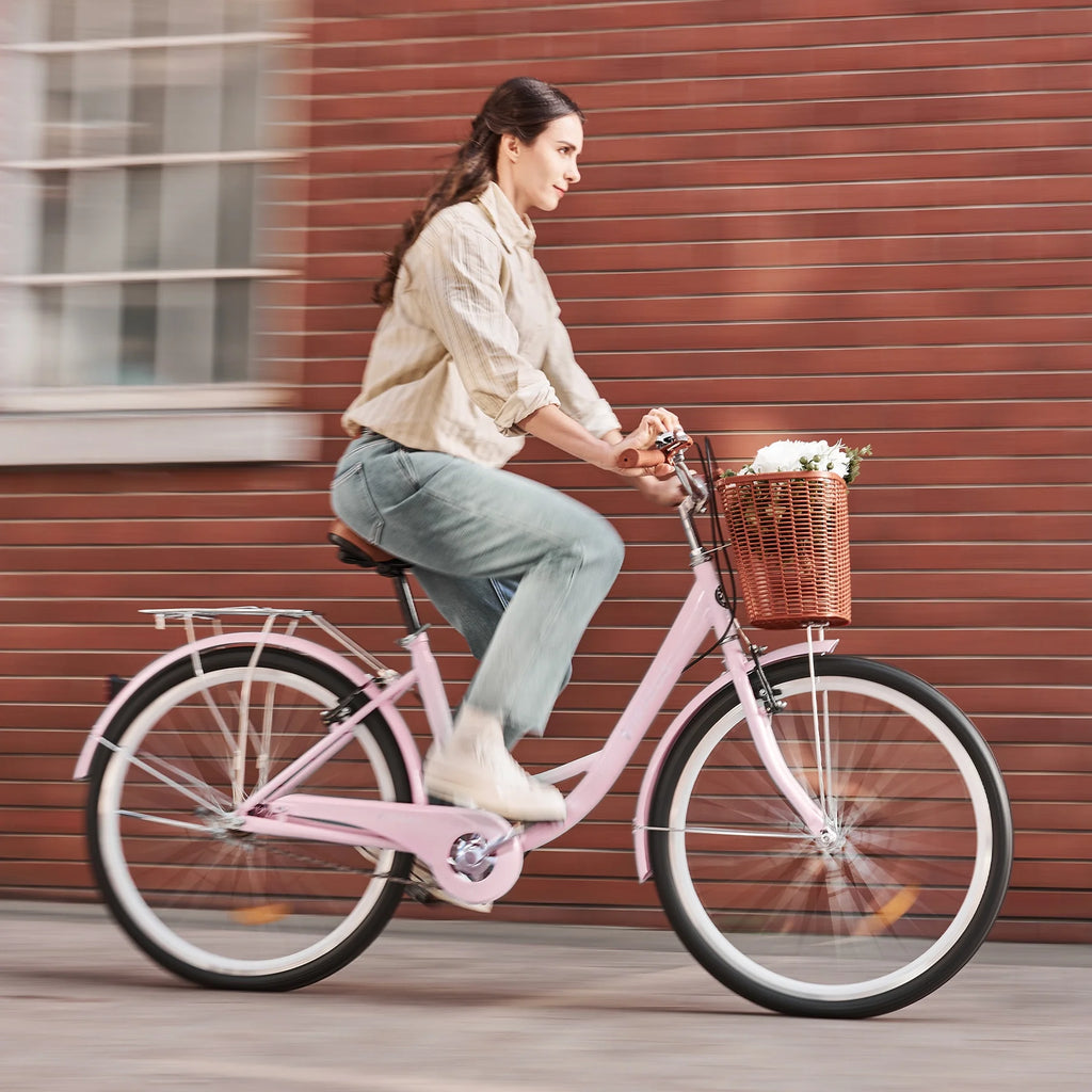 24 Inch City Cruiser Bicycle with Carbon Steel Frame Dual V Brakes Basket M7643