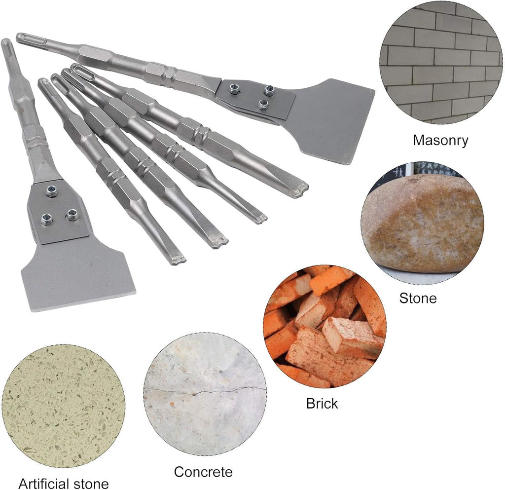 6PCS SDS Plus Floor Scraper Tool and Alloy Hammer Drill Chisel Bits with Groove Gouge Wall Scraper with Case P4320