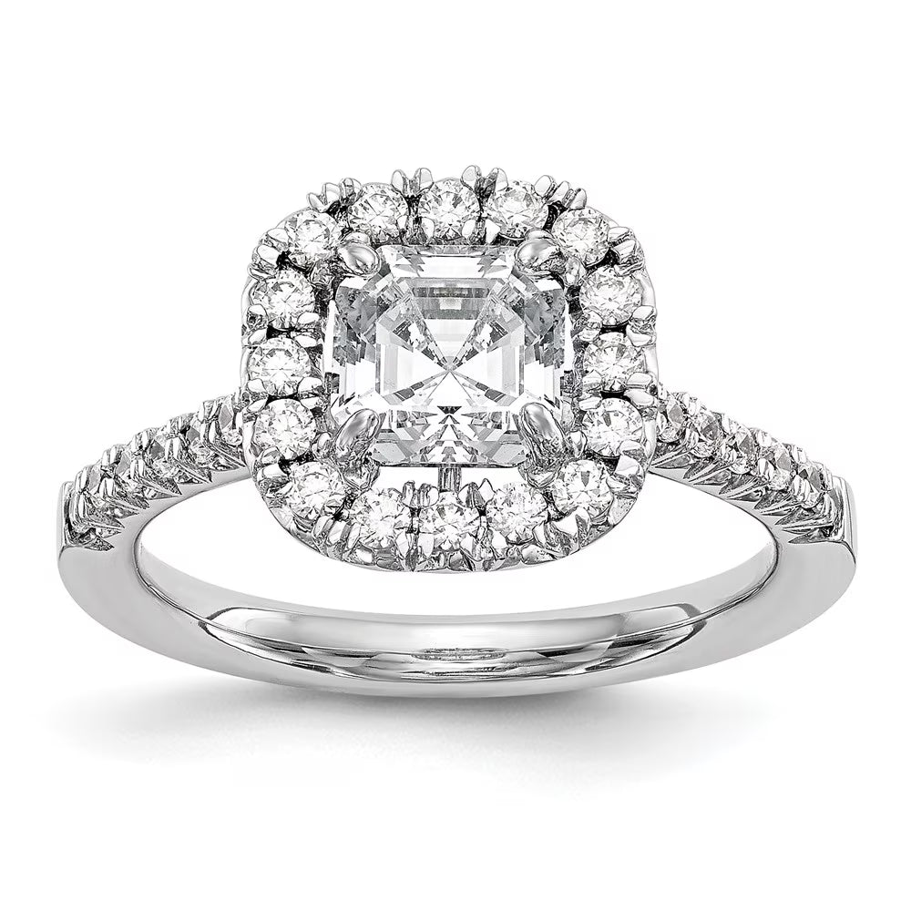 14K White Gold Ring Band Engagement Semi Mount Asscher (4 Prong) Octagon Emerald Diamond, Lab Grown Round, Size 9 I40178