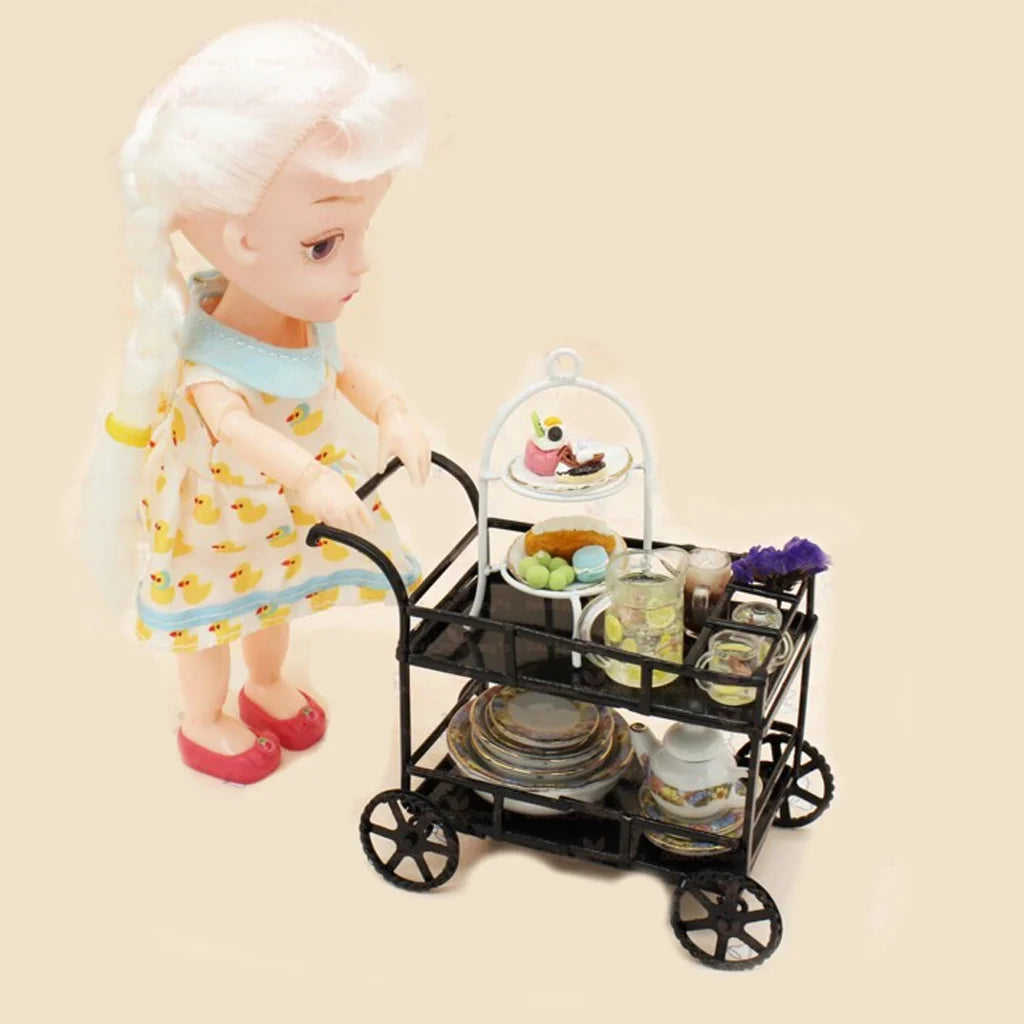 Black Metal 1/12 Dollhouse Miniature Food and Beverage Cart Accs F3753
