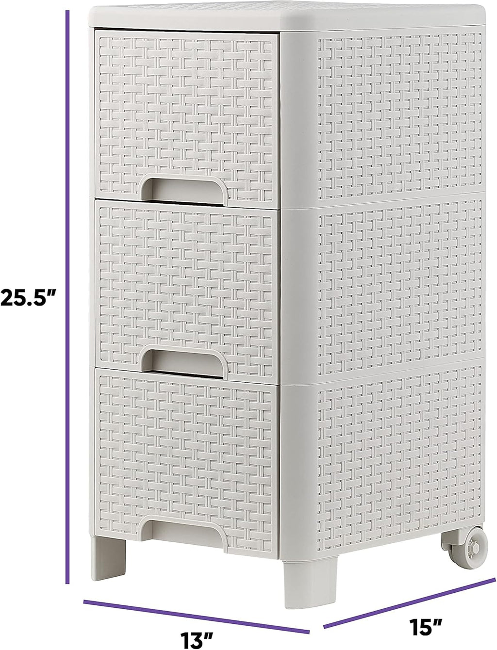 3 Drawer White Wicker Storage Cabinet with Wheels M7460