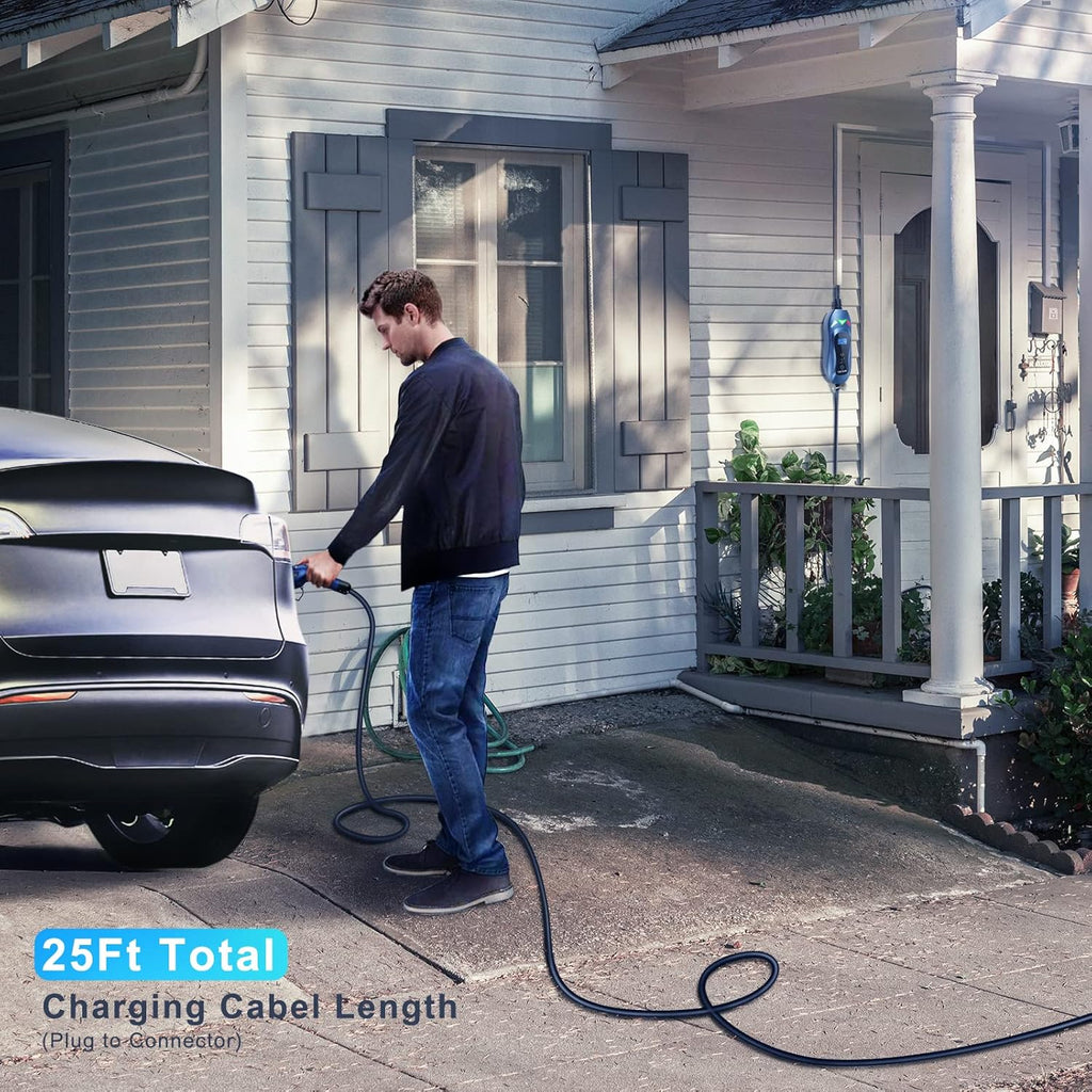 Portable EV Charger 240 Volt 25ft Cable 32 Amp Adjustable Plug-in Charging Station Y725992