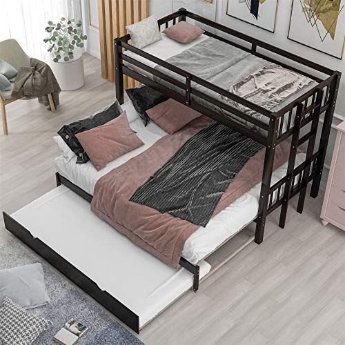 Twin over Double Twin Bunk Bed with Trundle, Wooden, Espresso I705544