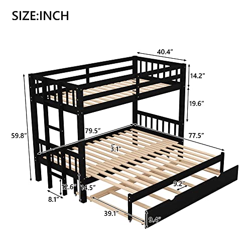 Twin over Double Twin Bunk Bed with Trundle, Wooden, Espresso I705544