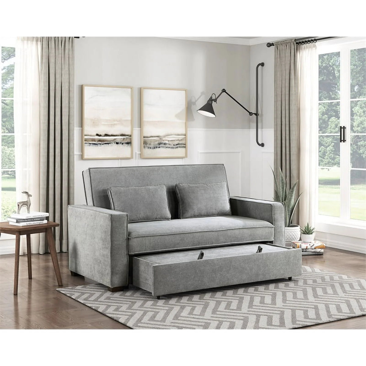 Gray Fabric Upholstered Convertible Sofa with Pull Out Bed E827