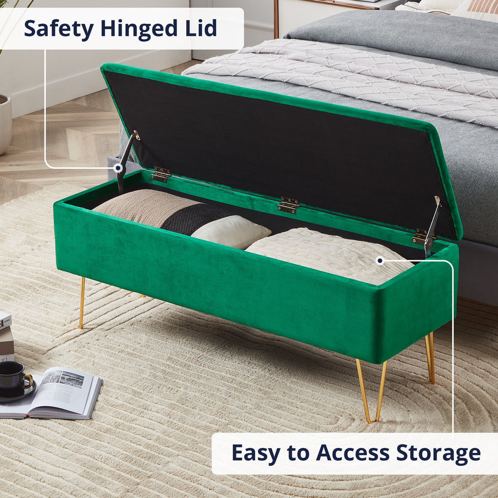Emerald Green Velvet Storage Bench with Gold Finished Pin Legs R73116