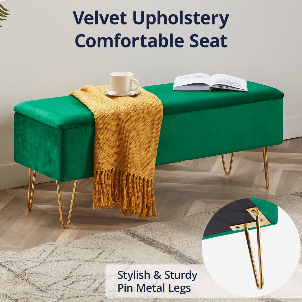 Emerald Green Velvet Storage Bench with Gold Finished Pin Legs R73116