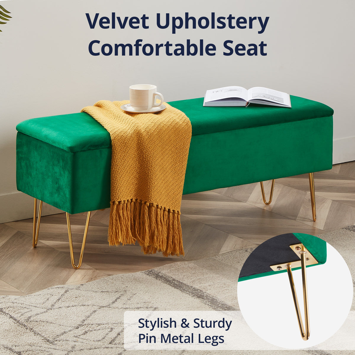 Emerald Green Velvet Storage Bench with Gold Finished Pin Legs R73116